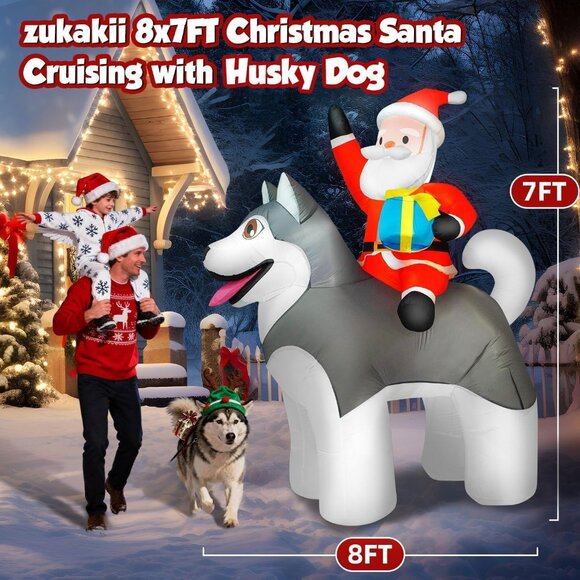 🆕8×7FT  Christmas Inflatable Santa Riding Husky Dog Outdoor Decoration - Picture 4 of 8